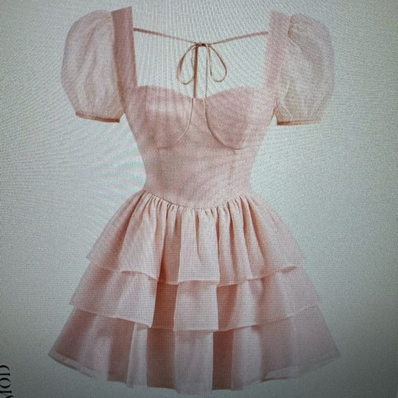 Solid Puff Sleeve Layered Ruffle Hem Dress - Size Small - Picture 2 of 10